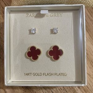 Parker Grey Gold Plated Red Clover Earrings and Stud Set